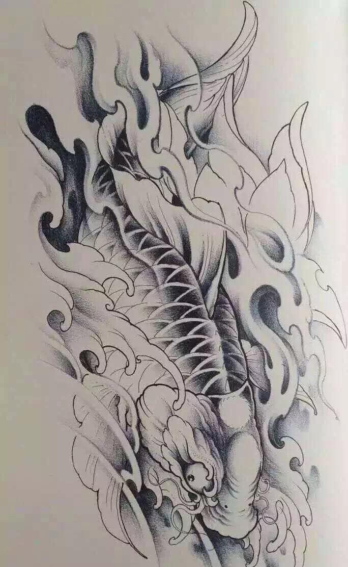 小腿鲤鱼纹身图案手稿图片